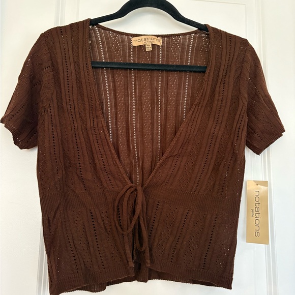 Notations Sweaters - NEW Notations Women PM Brown Open-Knit Tie Front Cardigan Sweater Short Sleeve